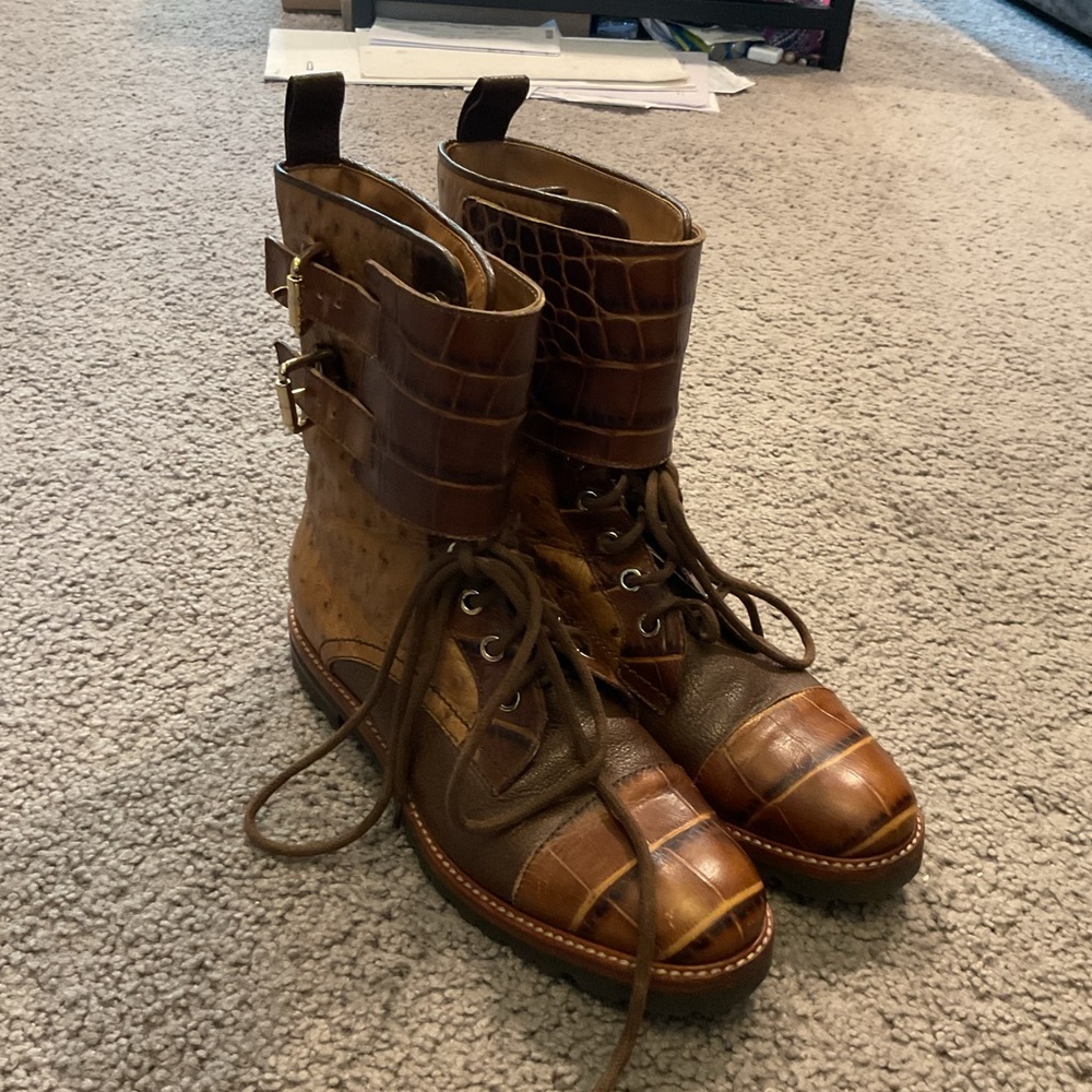 NEW Max Mara Croc Ostrich Leather Cap Toe Lace Up Combat Dress Boots Y2K sz 8.5